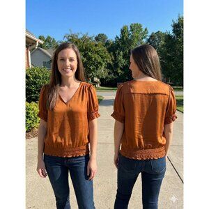 1.STATE Women's Rust Satin Smocked Waist V-Neck Ruffle Cuff Short Sleeve Top M
